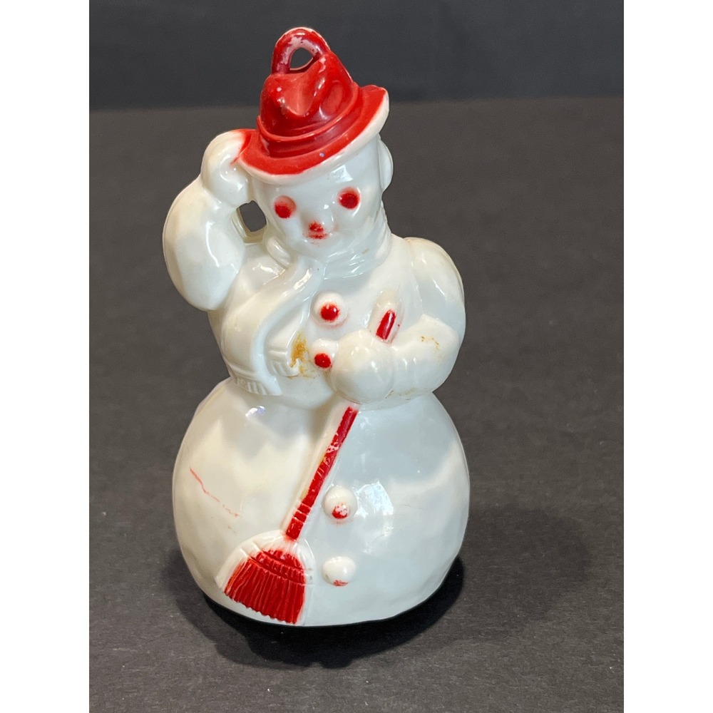 Vintage Hard Plastic Snowman Figurine Red Hat Broom Christmas Ornament 3 Inch